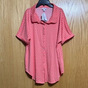 LuLaRoe Charlie Coral Pink Polka Dot Button-Down Shirt